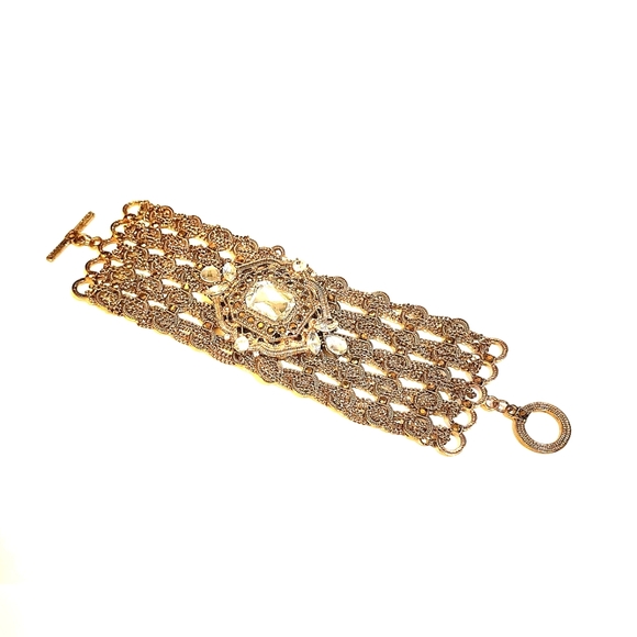 Antique Gold Multi Chain and Faceted Crystal Bracelet - Vintage - Picture 2 of 2